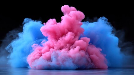 Harmonious Convergence: A captivating display of pink and blue smoke in a dark atmosphere