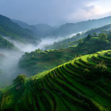 Serene Rice Terraces: A captivating vista of lush green rice terraces cascading down verdant hills, shrouded in a mystical mist, a tranquil view of the rural area.