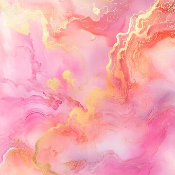 Abstract Watercolor Painting: A vibrant abstract watercolor painting, showcasing a swirling blend of pink, gold, and orange hues, evokes a sense of fluid movement, elegance and warmth.