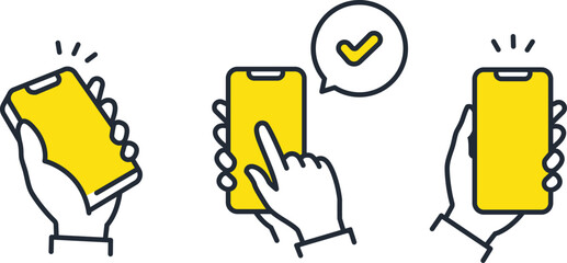 Smartphone holding hand simple vector flat icon illustration set material png transparent background app and website