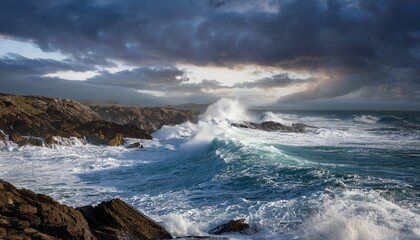 Fototapeta premium breaking waves crash against the rocky shore creating a stunning seascape under a cloudy sky
