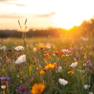 Golden Hour Meadow: A vibrant wildflower meadow glows in the warm light of the setting sun, creating a scene of natural beauty and tranquility.
