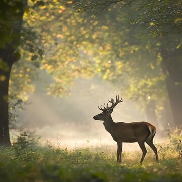 Majestic Stag in the Sunlight: A striking red stag, bathed in the warm, ethereal glow of dappled sunlight, stands proud in a sun-drenched forest.