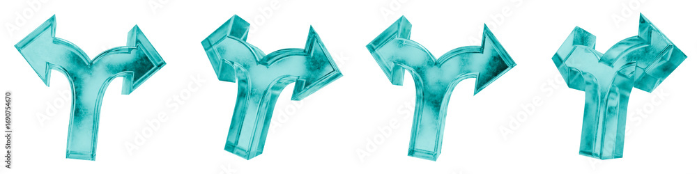 Poster set of four 3d two arrows up shapes in frosted blue ice glass style, isolated on a transparent backg