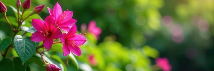 Naklejka premium Vibrant fuchsia blooms in lush garden setting, macro, fuchsia