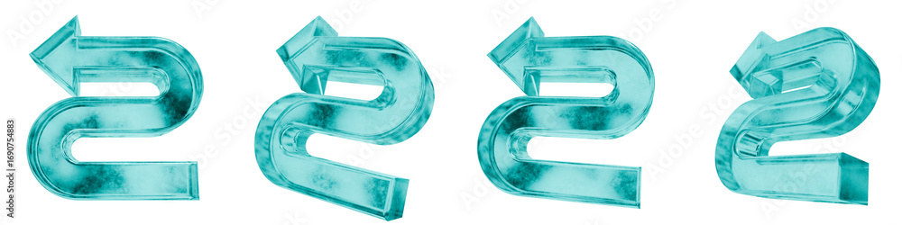 Poster set of four 3d arrow curve left shapes in frosted blue ice glass style, isolated on a transparent ba