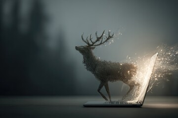 Digital deer emerging from laptop screen