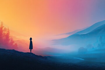 Fototapeta premium Silhouetted girl in a colorful landscape