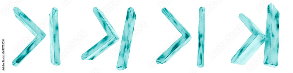 Poster set of four 3d arrow end right shapes in frosted blue ice glass style, isolated on a transparent bac