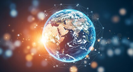 Digital earth globe with glowing network connections and light effects representing global communication and data transfer concept