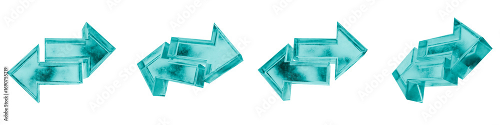 Poster set of four 3d arrow goes left right shapes in frosted blue ice glass style, isolated on a transpare