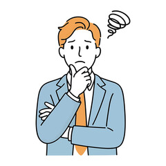 Pensive man in suit, contemplating a problem with hand on chin and swirling thoughts in a vector illustration