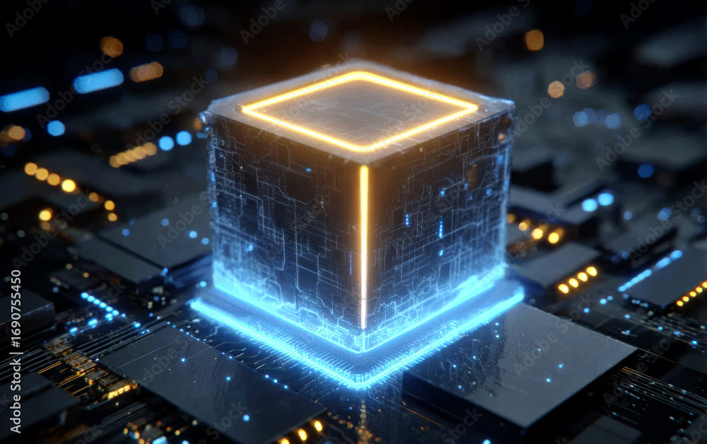 Poster futuristic glowing cube on a circuit board showing advanced technology