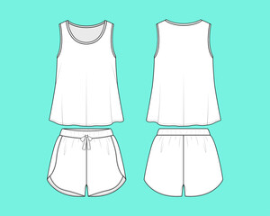 Women's Tank Top and Short PJ Two Piece Set Fashion Vector Illustration Flat Sketch Template.
