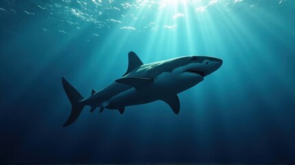 Fototapeta premium A great white shark swims in blue ocean water with sun rays