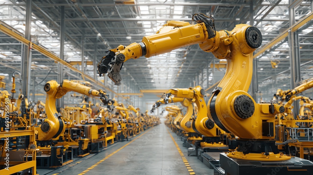 Poster a symmetrical view showcases rows of bright yellow robotic arms within a vast, modern industrial fac