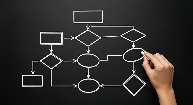 Hand drawing a flowchart on a blackboard, illustrating a process, system, or algorithm for problemsolving and decisionmaking