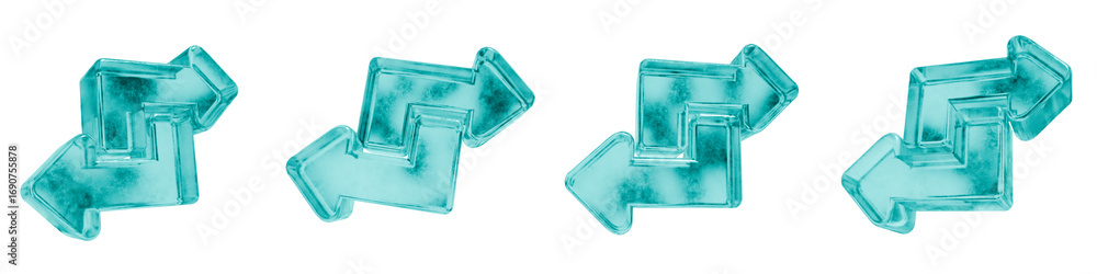 Poster set of four 3d change arrow shapes in frosted blue ice glass style, isolated on a transparent backgr