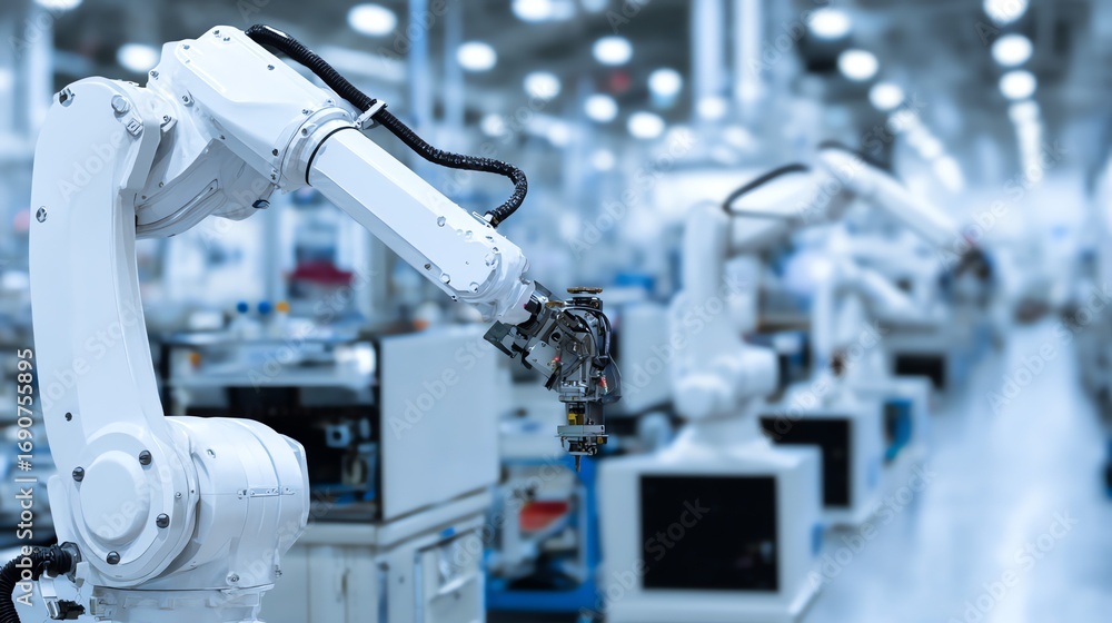 Poster a pristine, automated factory showcases robotic arms meticulously assembling components, representin