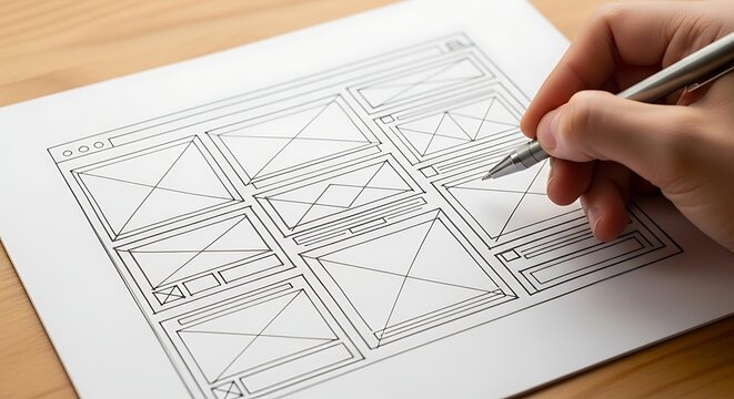 Hand drawing a website wireframe on paper, representing design, planning, and user experience in web development process