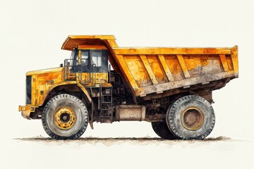Detailed Watercolor Illustration of a Large Yellow Dump Truck on a White Background