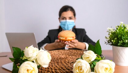 Woman holding a treat, flowers and laptop