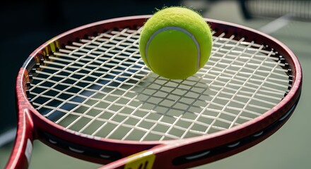 A white tennis racquet with a yellow ball resting on its strings on a green court