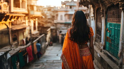 Obraz premium indian woman in traditional orange attire walking through narrow historic street with intricate architecture. travel and heritage, tourism. vibrant outdoor scene. cultural journey and exploration.