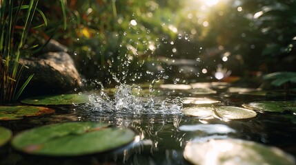 Captivating water splash with lily pads and sunlight creates a serene natural pond scene