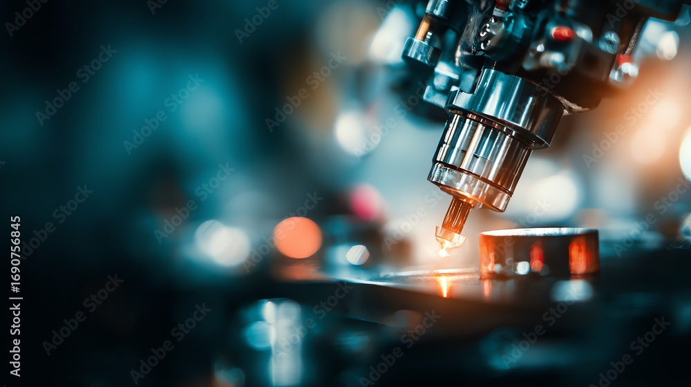 Poster a focused close-up captures the precision of an automated welding process, showcasing the intense he