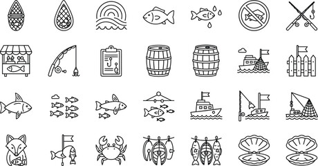 Fishing and Marine Life Line Icons – Boats, Nets, Seafood, Rods, Crabs, Market Scenes, Ocean Wildlife Vector Collection