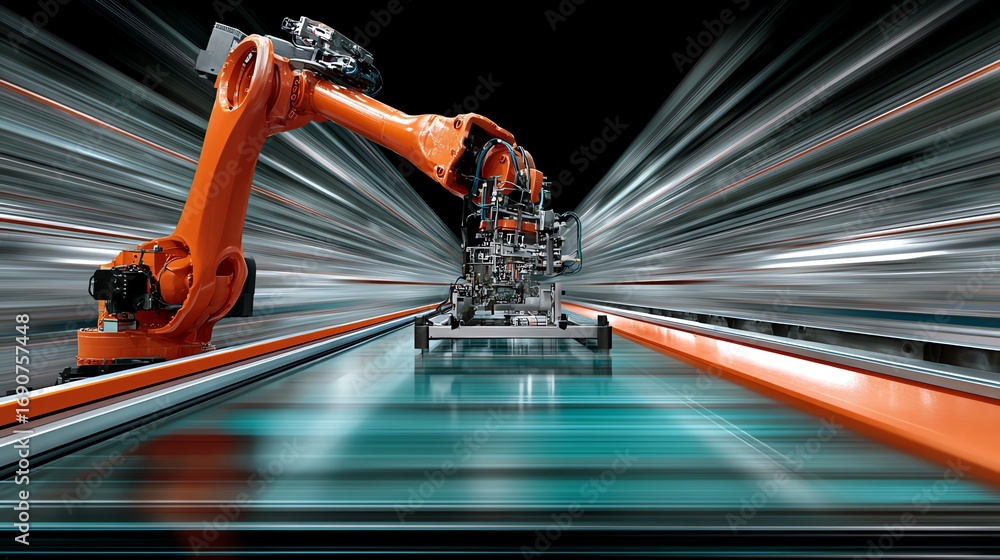 Poster an orange robotic arm extends purposefully over a moving teal surface, captured with dynamic motion 
