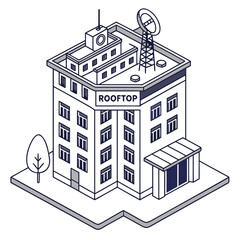 Fototapeta premium Modern isometric building with rooftop antenna and signage indicating rooftop access for communication and city views
