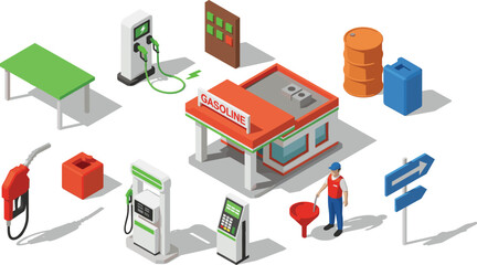 Isometric gasoline station vector illustration with fuel pumps, containers, barrels, funnel, attendant, signage, and payment terminal — black line style