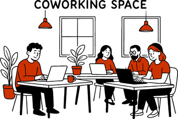 Banner Advertising Modern Coworking Space. Cartoon People Freelancers Characters Sit at Table or on Sofa Typing Laptop. Creative Open Space Office. Shared Working Environment. Vector Illustration