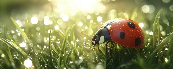 Close-up of a Ladybug on Dewy Green Grass in Morning Light