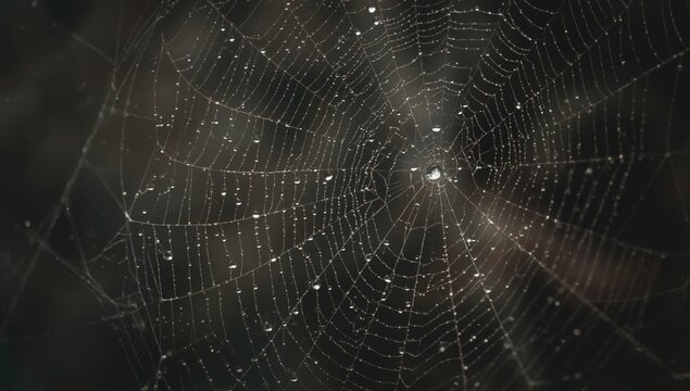 Spider web with dew drops close-up. Spiderweb, cobweb macro dark background. Nature wallpaper. - Powered by Adobe