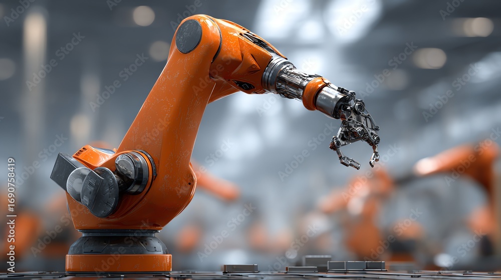 Poster an orange robotic arm extends with precision over a dark surface, showcasing the future of automated