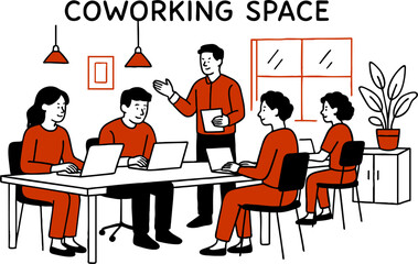 Banner Advertising Modern Coworking Space. Cartoon People Freelancers Characters Sit at Table or on Sofa Typing Laptop. Creative Open Space Office. Shared Working Environment. Vector Illustration