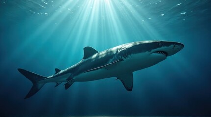 Fototapeta premium Shark swimming in blue ocean water with sunbeams