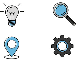 Four iconic business icons lightbulb magnifying glass map pin gear for innovation and strategy vector