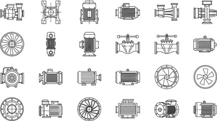 Mechanical components vector set — electric motors, pumps, fans, valves, flanges, and couplings in schematic line style for industrial systems