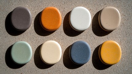 A grid of nine colorful, textured stones arranged in three rows and three columns.