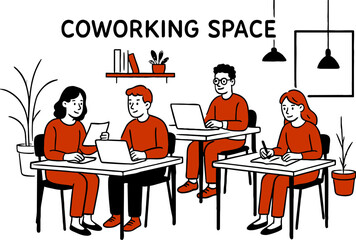 Banner Advertising Modern Coworking Space. Cartoon People Freelancers Characters Sit at Table or on Sofa Typing Laptop. Creative Open Space Office. Shared Working Environment. Vector Illustration
