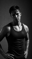 Fototapeta premium Muscular man with wet skin in a black tank top