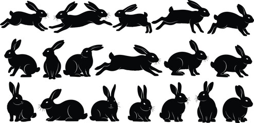 PrintRabbit silhouette set showing various poses including sitting, running, leaping, grooming, and crouching for animal motion illustration
