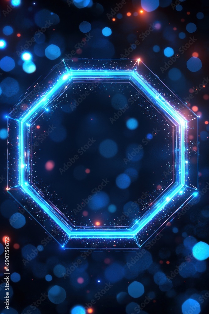 Poster futuristic hexagonal frame with glowing blue lights in a dark sci-fi setting