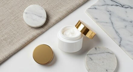 Luxurious Skincare Cream Jar with Gold Lid on White Background Detailed Close Up Product Photography Featuring Marble Coasters and Beige Fabric