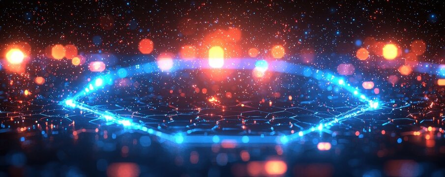 Abstract hexagonal frame with glowing orange and blue lights on a dark surface