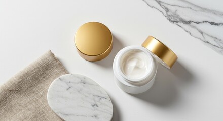Luxury Skincare Cream Jars on Marble Background: Elegant White and Gold Cosmetic Products with Soft Lighting, Close-Up View Showing Texture and